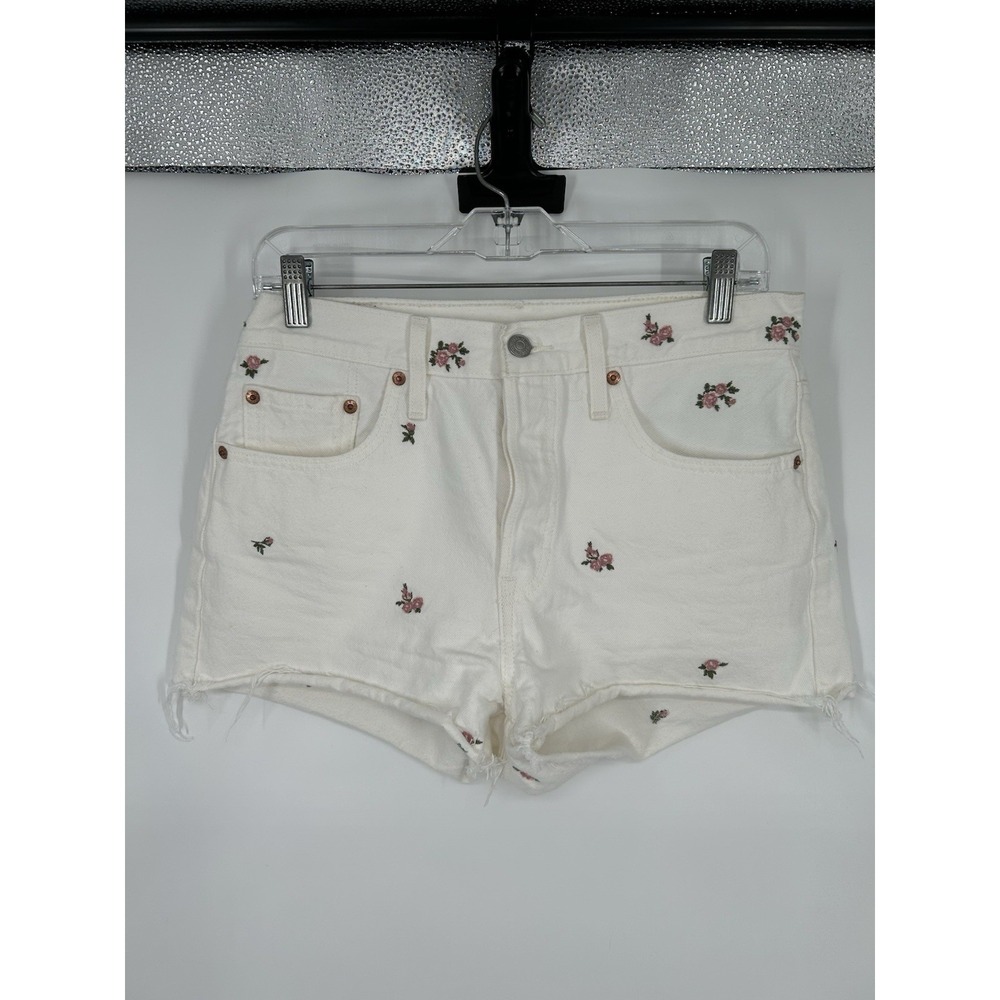 Levis 501 Premium Floral Flowers Embroidered Jorts Jean Shorts‎ White Size 28